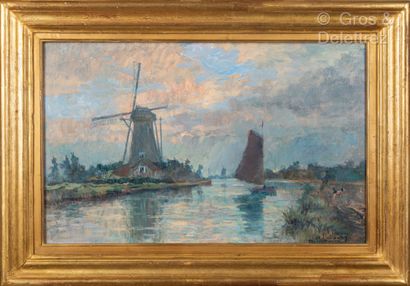 null Albert Marie LEBOURG (1849-1928)Paysage au moulin, Delft HavenHuile sur toile.Signé...