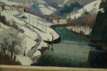 null André ROZ (1897-1946)Lac de montagne en hiver, 1935Huile sur papier marouflée...
