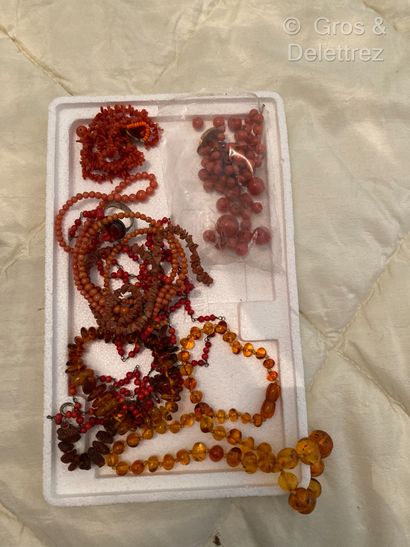null Lot of antique coral and amber jewelry consisting of necklaces, bracelets and...