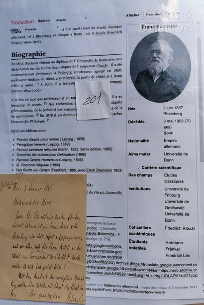 null Franz BÜCHELER (1837-1908)
Lettre autographe signée 1895