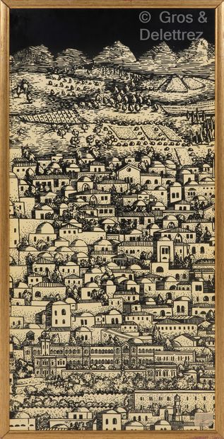 Pietro FORNASETTI (1913-1988) « Jérusalem »
Panneau d’isorel.
Cadre doré.
Signé et...