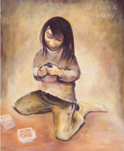 null (SD) Jeanie CASTELLI (XXe-XXIe)
Petite fille accroupie
Huile sur toile signée...