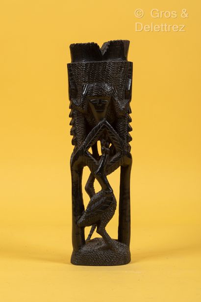 TCHAD Openwork sculpture in blackened wood decorated with two crocodiles framing...