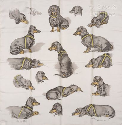 null HERMES Paris - "Les Bassets" printed silk twill square signed Xavier De Poret....