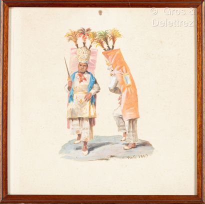 null Joaquin PINTO (1842-1906)
Two Figures in Festive Dress with Feathered Hats,...