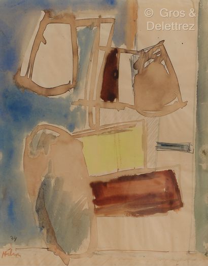null Jean HELION (1904 1987)
Composition, 34
Watercolor.
Signed and dated lower right.
25.5...