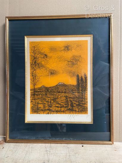 Jean CARZOU (1907-2000) Jean CARZOU (1907-2000)
Mountainous landscape on yellow background,...