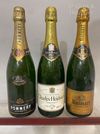 null 3 bouteilles CHAMPAGNE DIVERS 1 RUINART, 1 POMMERY et 1 Charles HEIDSIECK Etiquettes...
