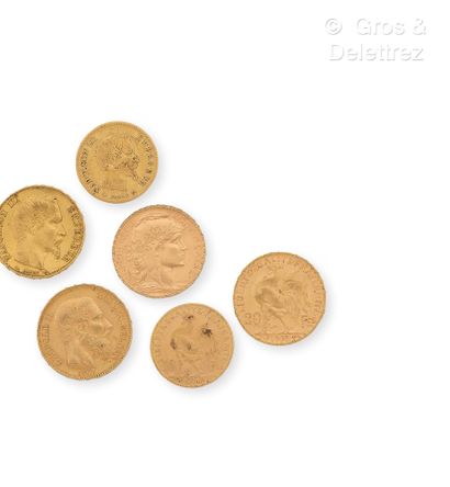 Lot de six pièces de monnaie en or jaune...