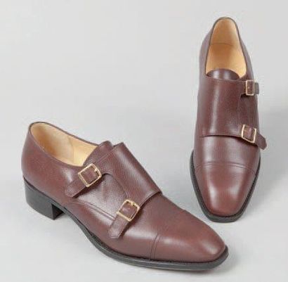 John LOBB Paris made in France Paire de derby à double boucles en cuir grené marron,...