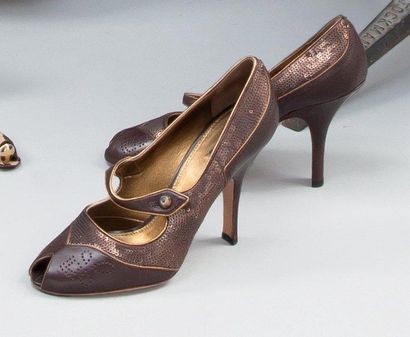 PRADA Paire de chaussures à bride en cuir et paillettes marron, bout ouvert, taille...
