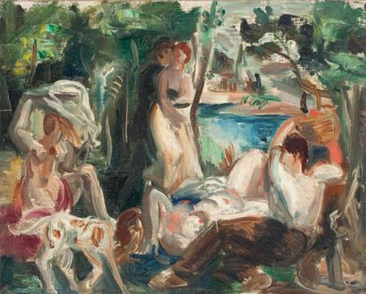 Attribué à André FAVORY (1888-1937) Baigneuses au bord de la rivière Huile sur toile....