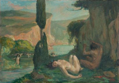 Clovis CAZES (1883-1918) Faune et baigneuses Huile sur toile, signée en bas à droite....