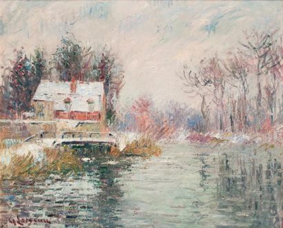 Gustave LOISEAU (1865-1935) Le petit pont, Saint Léger du Vaudreuil, effet de neige,...