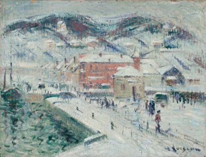 Gustave LOISEAU (1865-1935) Le grand quai à Fécamp sous la neige, 1925 Huile sur...