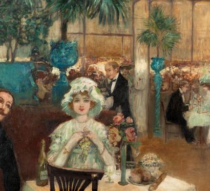 Georges STEIN (1870-1955) Le diner au restaurant du casino de Vichy Huile sur toile,...