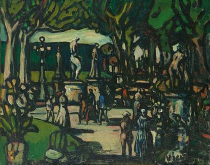 Sylvain VIGNY (1902-1970) Le jardin aux sculptures Huile sur toile, signée en bas...