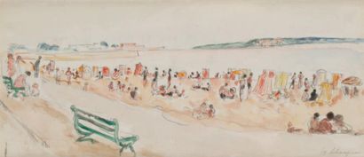 Henri LEBASQUE (1865-1937) La plage Aquarelle, signée en bas à droite 11x 26,5 cm...