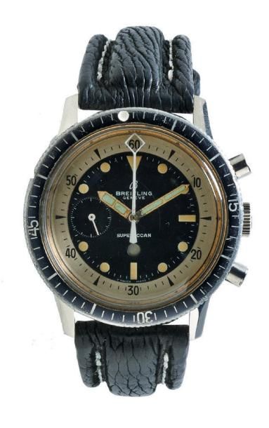 BREITLING SUPER OCEAN Vers 1970 Rare chronographe bracelet en acier. Boîtier rond....