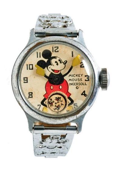 INGERSOL MICKEY MOUSE Vers 1930 Originale montre bracelet en métal chromé. Boîtier...