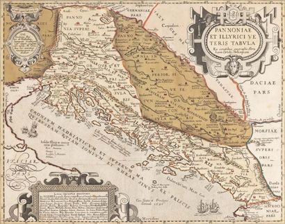 ORTELIUS Abraham Pannoniae et Illyrici veteris Tabula. Gravure sur cuivre aquarellée,...