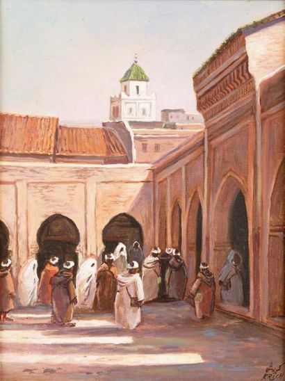 Mohamed KRICH (né en 1954) Cour de mosquée à Fez Huile sur toile, signée bas à droite....