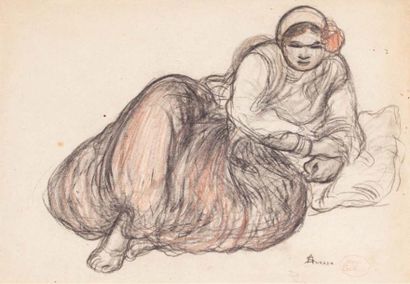 André SUREDA (1872-1930) Femme alanguie Crayons, signé en bas à droite, cachet d'atelier....