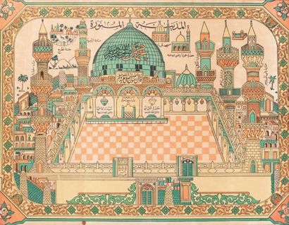 null Imagerie populaire en Islam Estampe en chromolithographie représentant une vue...