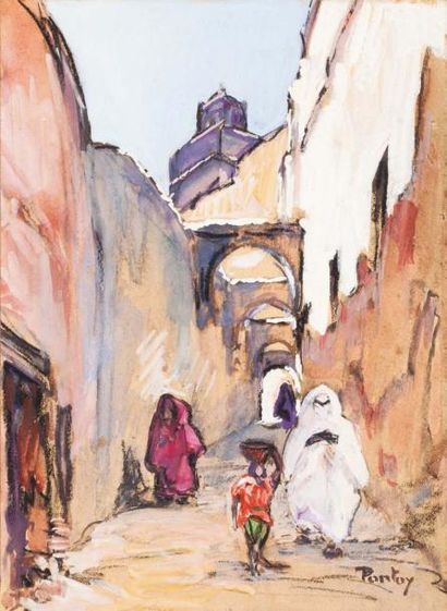 Henry PONTOY (1888-1968) Marocaines dans la casbah Aquarelle gouachée signée en bas...