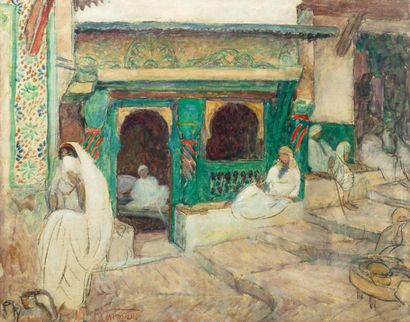 Fernande CORMIER (1888-1964) Café en Sidi Bou Saïd Huile sur toile, signée en bas...