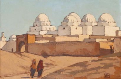Ecole Orientaliste début XXème siècle La mosquée des Sabres, Kairouan Huile sur panneau,...