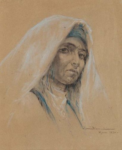 Carlos ABASCAL (XIX-Xxème siècle) Portrait de Marocaine, 1930 Pastel, signé, situé...