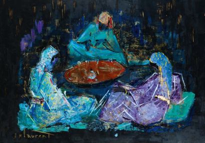 Jean-Emile LAURENT (1906-?) Trois marocaines Peinture sur laque, signée en bas à...