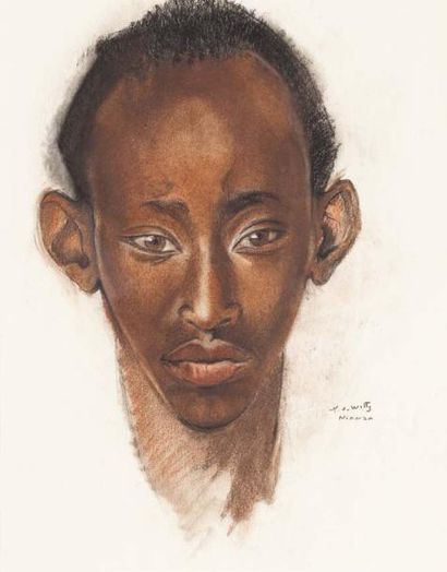 Marthe DE WITTE (1893-1976) Portrait d'africain Fusain et crayon de couleurs, signé...
