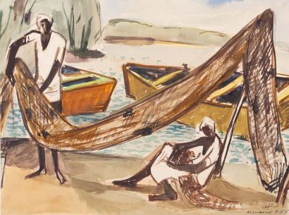 Ismael AL-SHEIKHLY (1924-2002) Les pêcheurs sur la plage, 1955 Aquarelle et gouache,...