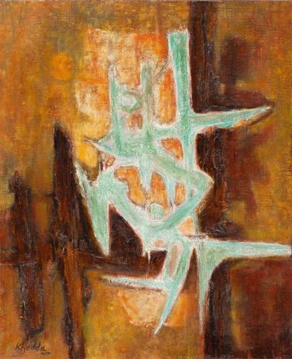 Mohamed KHADDA (1930-1991) Abstraction vert sur fond orange Huile sur toile, signée...