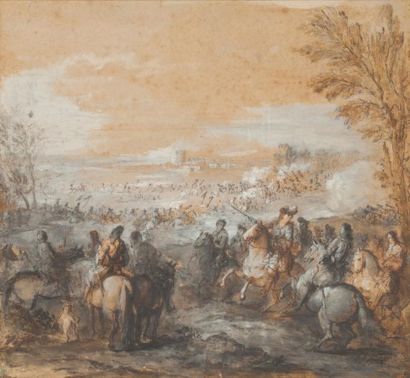 Joseph PARROCEL (1646 - 1704) Etude pour «le passage du Rhin à Tolhius par les armées...