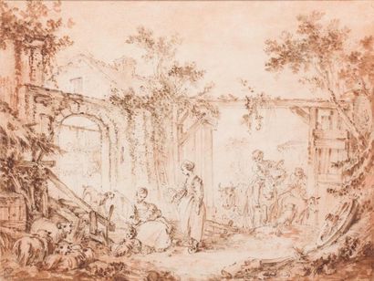 François BOUCHER (Paris 1703 - Paris 1770) Scène familière d'une cour de ferme Encre...