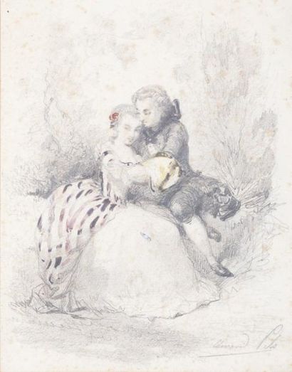 Edouard PILS (1823 - 1850) Rendez vous au parc Crayon noir et gouache 22,4 x 16,6...