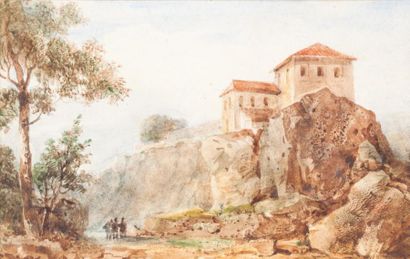 Eugène CICERI (1813-1890) Paysage rocheux en Italie avec des maisons Aquarelle 12,7...