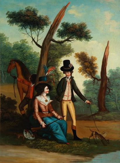 Ecole Française du XVIIIème siècle La halte de chasse Huile sur toile. 100 x 73 cm...