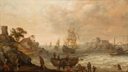 Adam WILLAERT (attribué à) (1577-1640) Pêcheurs à l'arrivée des navires Huile sur...