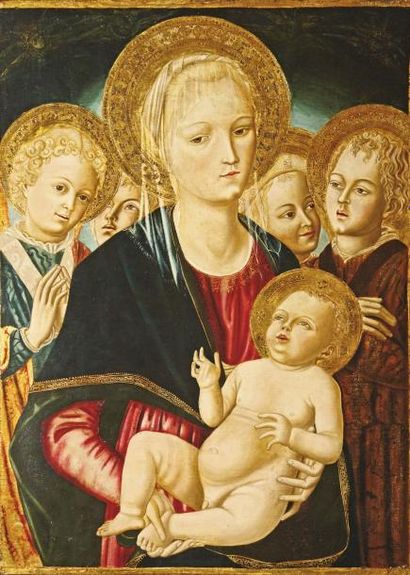 ECOLE ITALIENNE DU XIXème dans le goût de VERROCCHIO Vierge à l'Enfant entourée de...