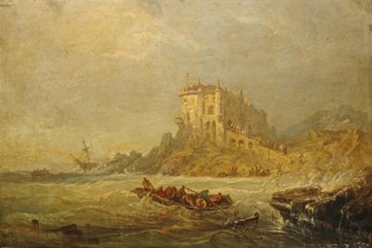 François Pierre BARRY (1813-1905) Bateau sur une mer agitée devant un rivage dominé...