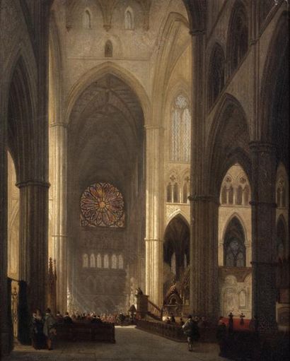 Jules Victor génisson (1805 - 1860) Prêche dans une cathédrale gothique Toile 58,5...