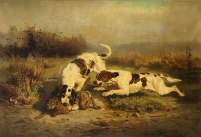 Jules Bertrand GELIBERT (1834-1916) Deux chiens coiffant un lièvre Huile sur toile,...
