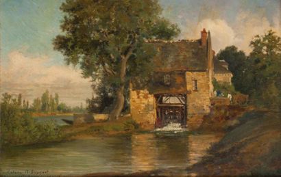 Jacques Guiaud (1810-1876) Le moulin sur la rivière Huile sur panneau, signée en...