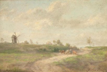 Jules ROZIER (1821-1882) Paysage au moulin Huile sur panneau, signée en bas à droite....