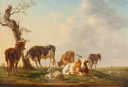 Jean Baptiste BERRÉ (1777-1838) Vaches et moutons Huile sur panneau, signée et datée...