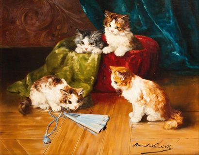 Alfred Arthur BRUNEL DE NEUVILLE (1852-1941) Les chats jouant avec un éventail Huile...